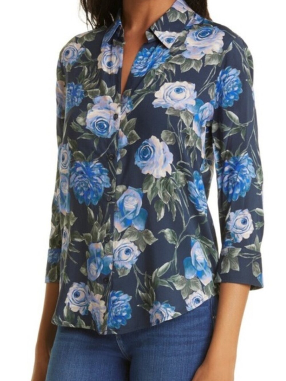 L'Agence Camille Floral Hi-Low Blouse 3/4 Sleeve Collar V Neck Blue Roses M